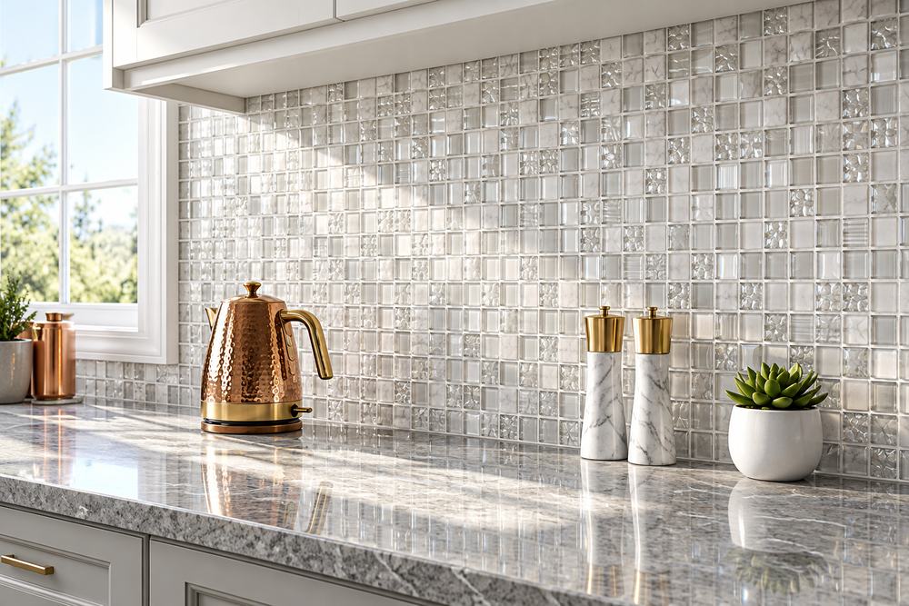 A speckled gray stone counter meeting a square glass mosaic tile backsplash, with a copper kettle and marble grinders on the surface
