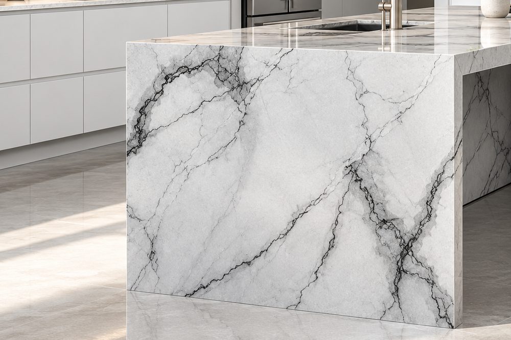 A porcelain island with a mitered waterfall edge, the veining carried over the corner and down the side panel