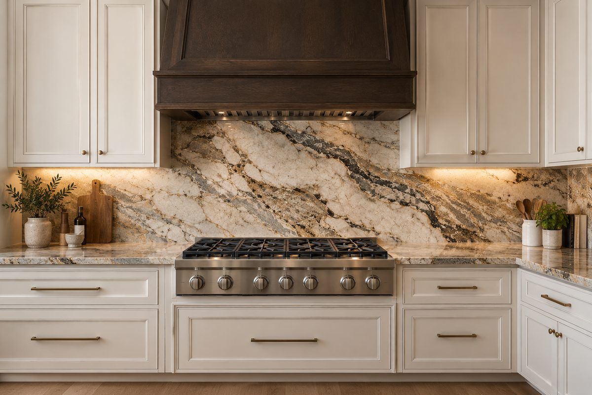 Dramatic gold and gray stone carried from the counter up the wall behind a rangetop, under a dark stained wood hood
